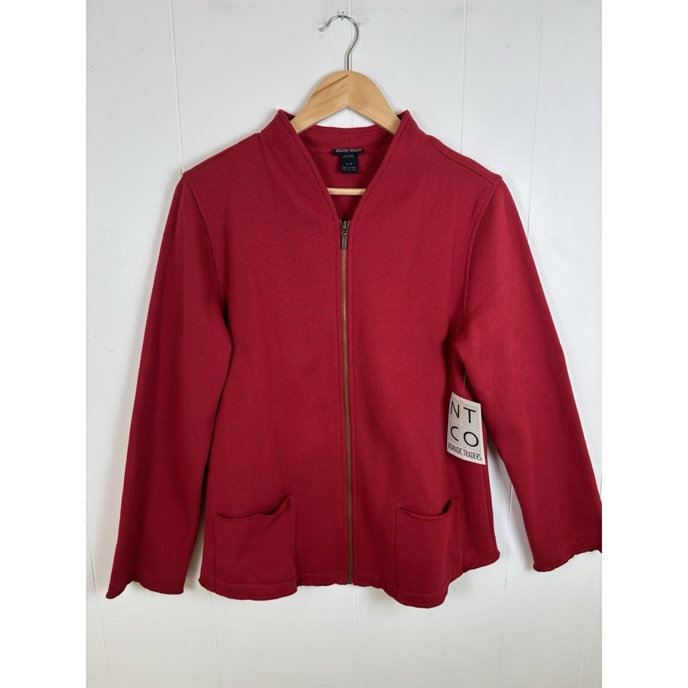 Vintage Nomadic Traders Size Medium Red Knit Full Zip Jacket with Ruffled Hem